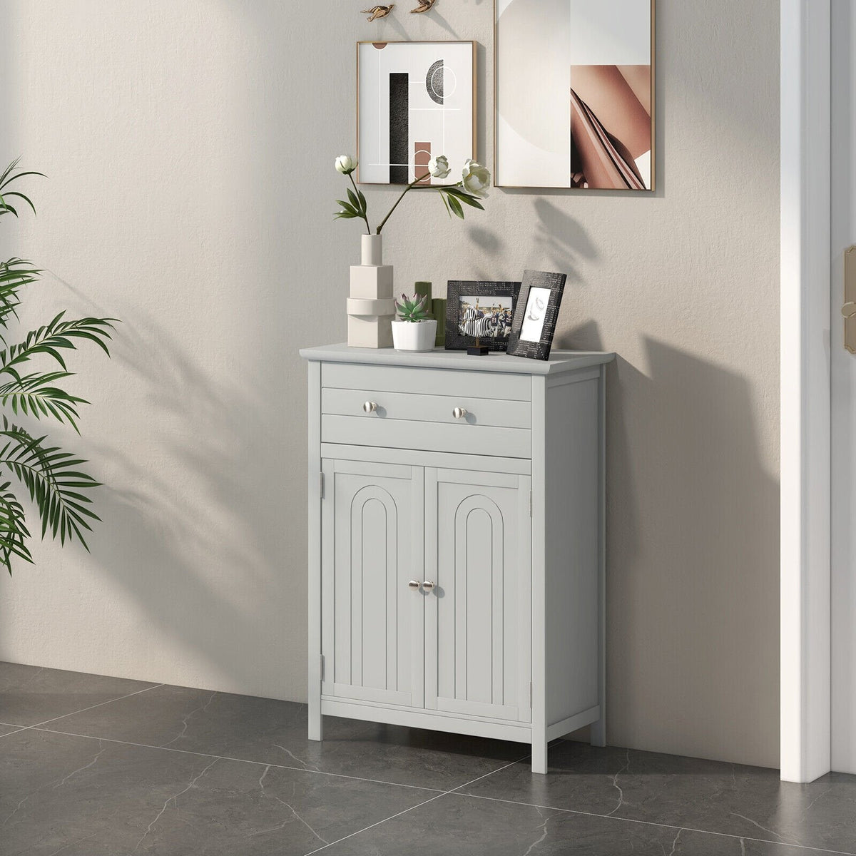 Meuble de salle de bain sur pied en bois avec tiroir et étagère réglable - Gris