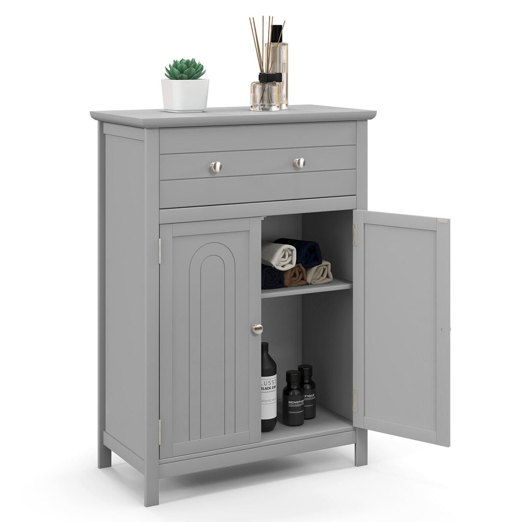 Meuble de salle de bain sur pied en bois avec tiroir et étagère réglable - Gris