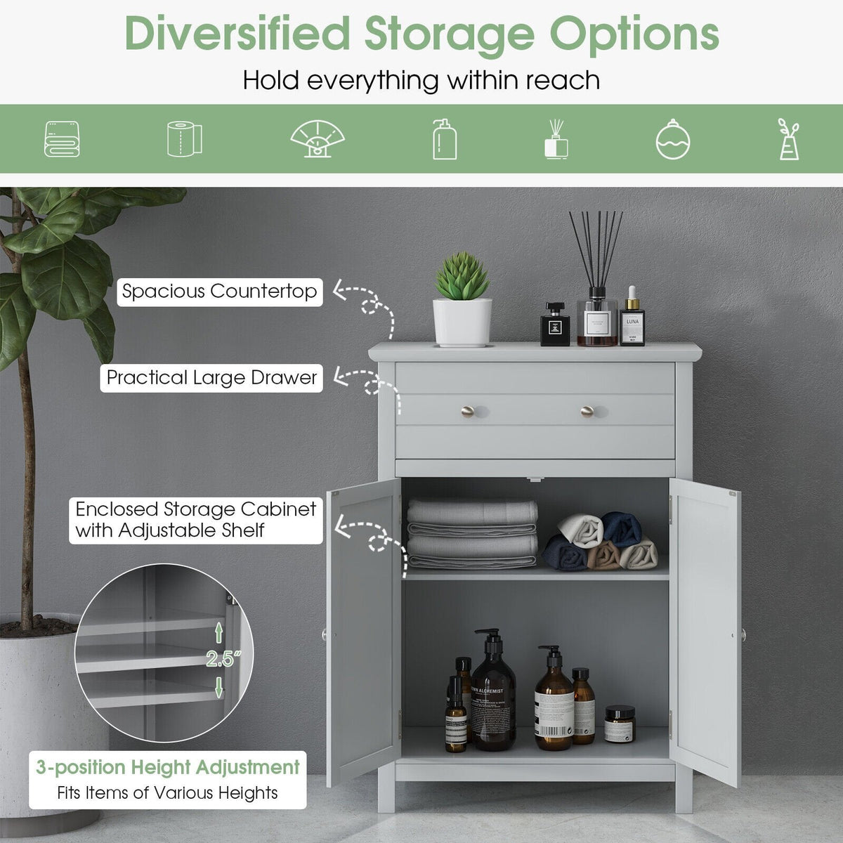 Meuble de salle de bain sur pied en bois avec tiroir et étagère réglable - Gris