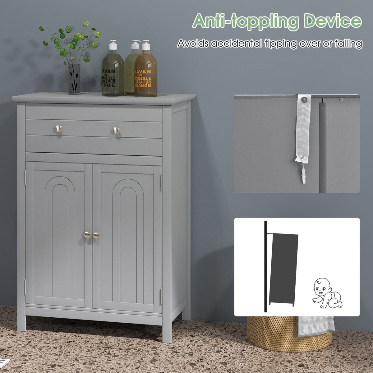 Meuble de salle de bain sur pied en bois avec tiroir et étagère réglable - Gris
