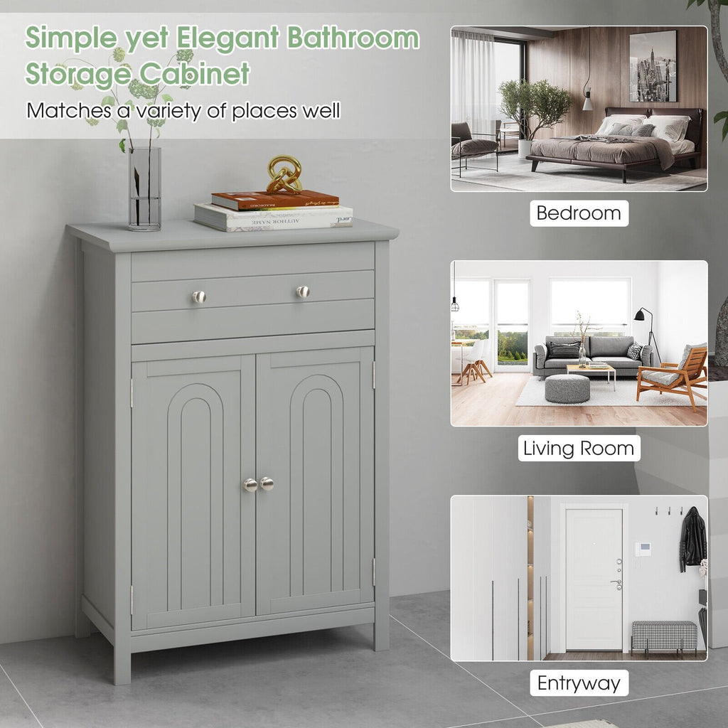 Meuble de salle de bain sur pied en bois avec tiroir et étagère réglable - Gris