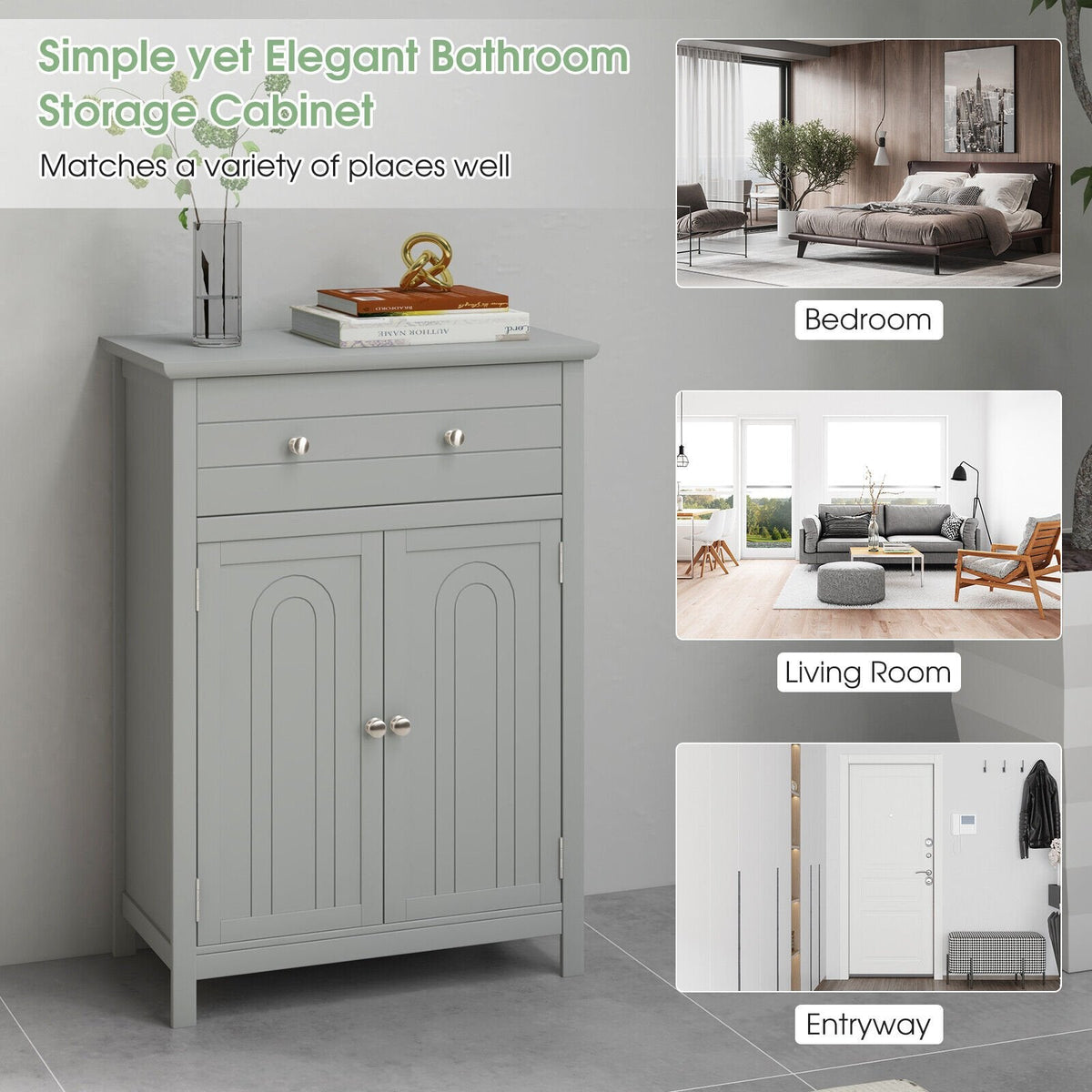 Meuble de salle de bain sur pied en bois avec tiroir et étagère réglable - Gris