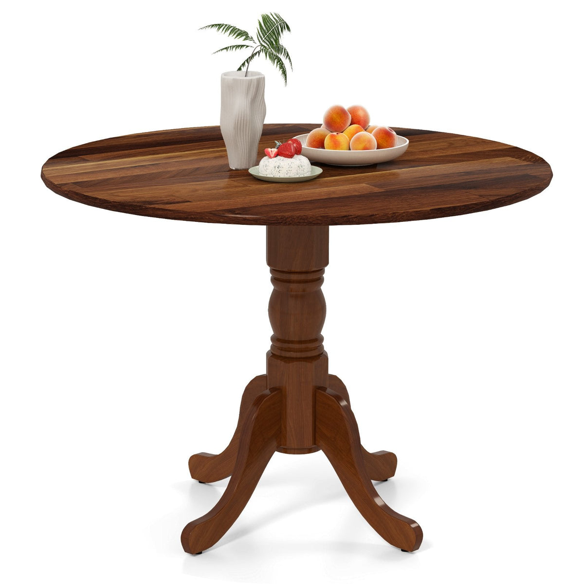 Mesa de comedor de madera con tablero redondo y patas caballete curvadas - Nogal