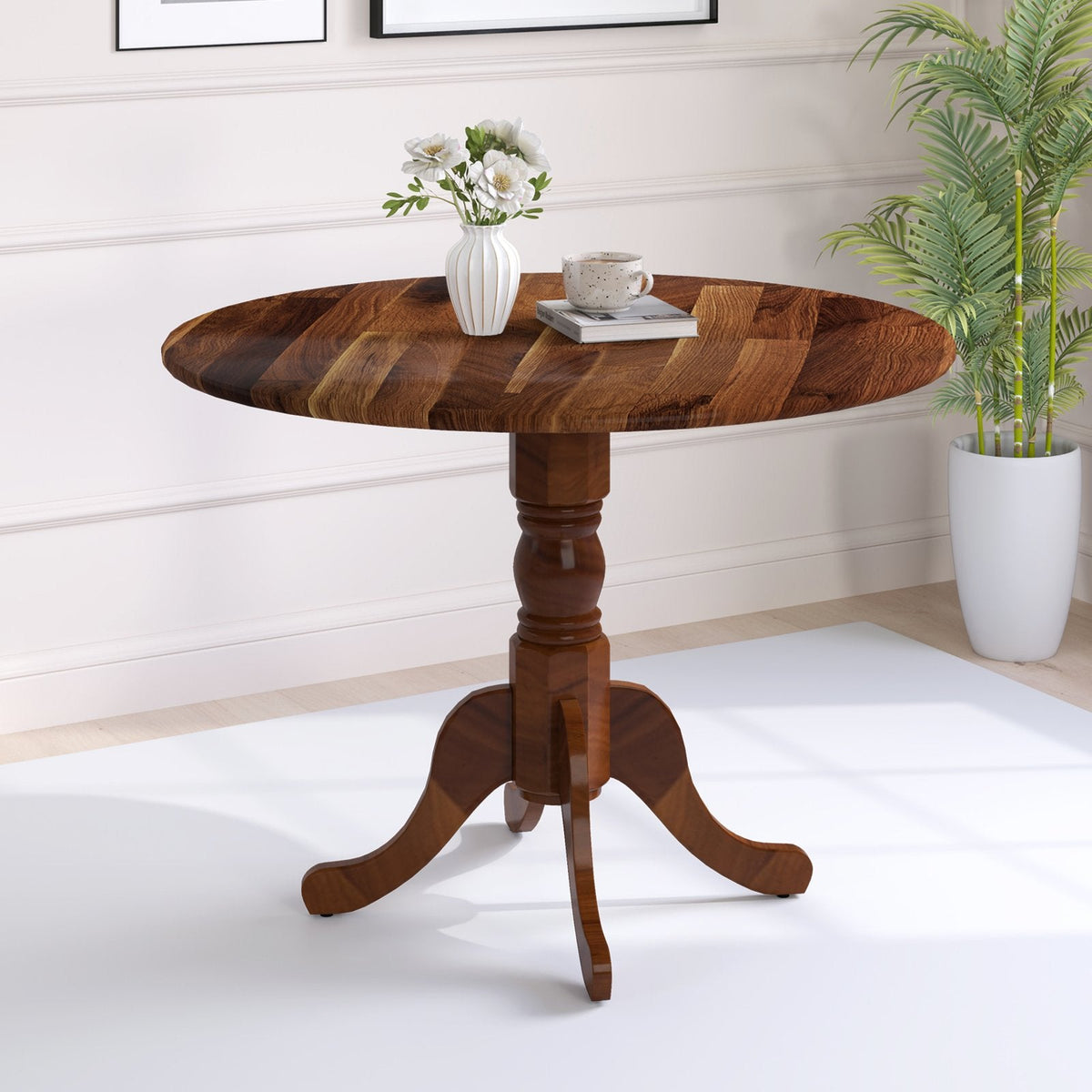 Mesa de comedor de madera con tablero redondo y patas caballete curvadas - Nogal