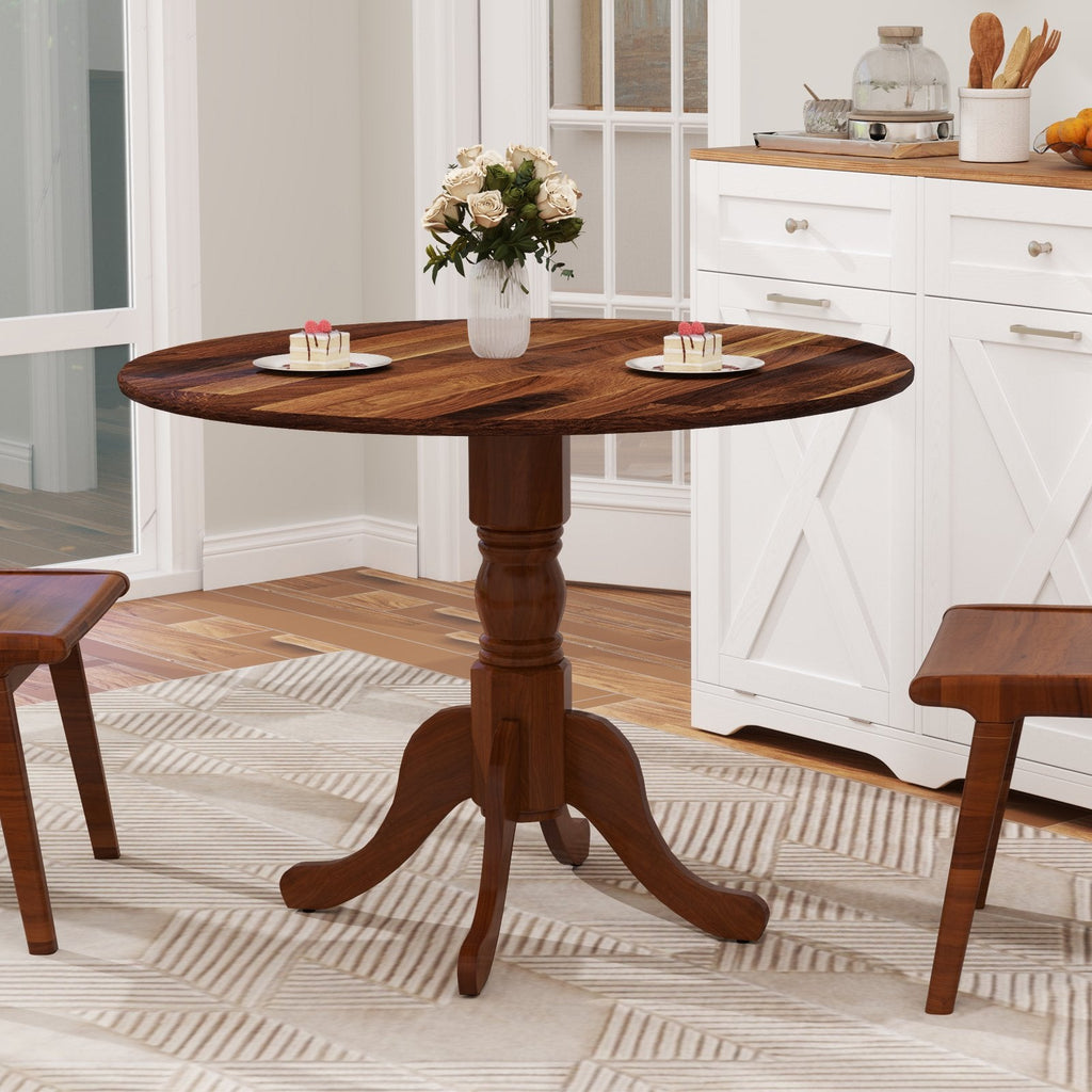 Mesa de comedor de madera con tablero redondo y patas caballete curvadas - Nogal