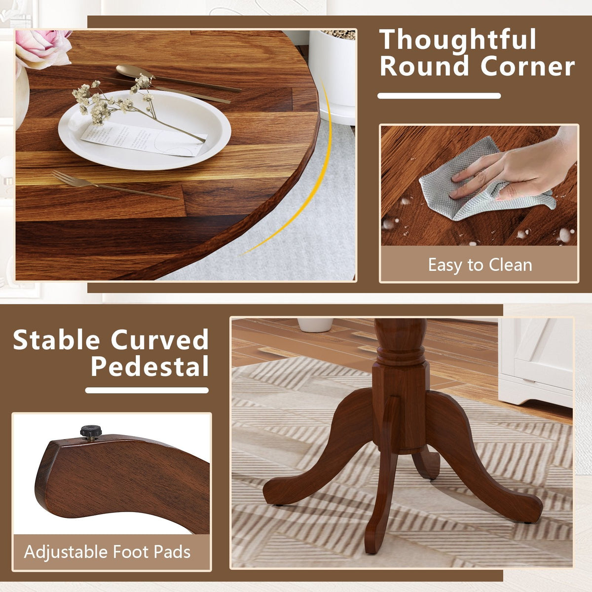 Mesa de comedor de madera con tablero redondo y patas caballete curvadas - Nogal