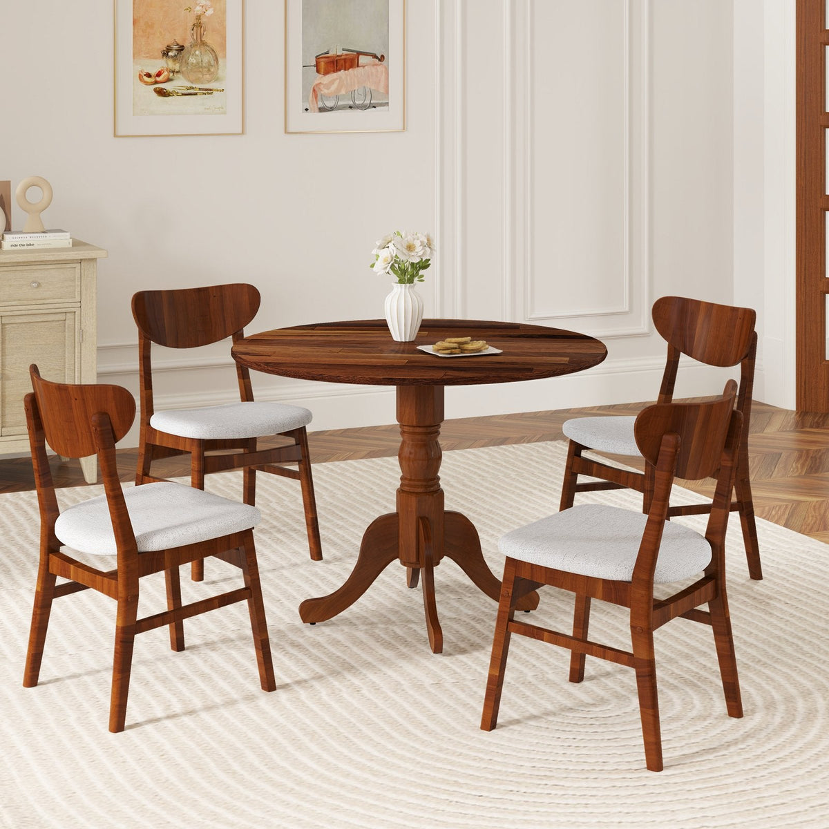 Mesa de comedor de madera con tablero redondo y patas caballete curvadas - Nogal