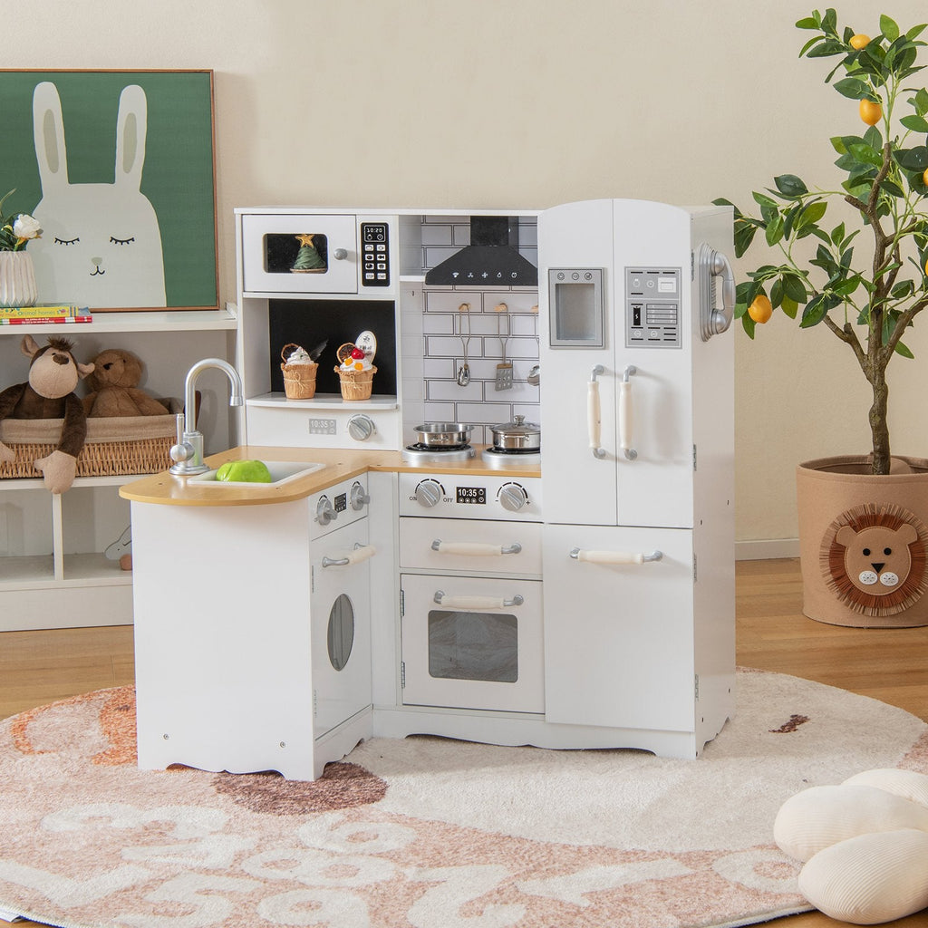 Cocina de juguete blanca para niños con refrigerador lateral, lavadora y utensilios de cocina de acero