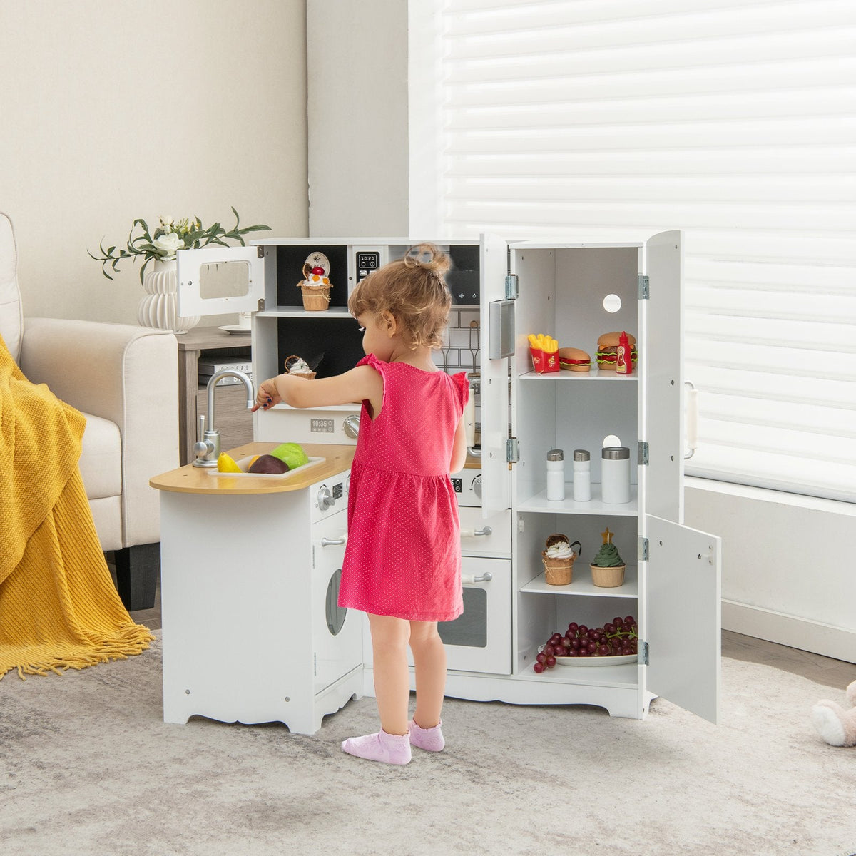 Cocina de juguete blanca para niños con refrigerador lateral, lavadora y utensilios de cocina de acero