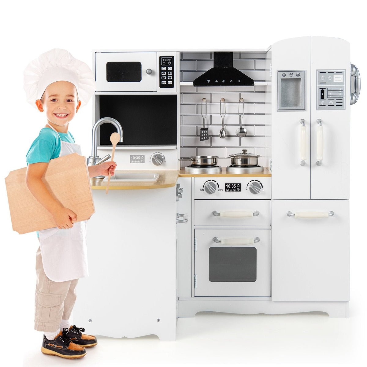 Cocina de juguete blanca para niños con refrigerador lateral, lavadora y utensilios de cocina de acero