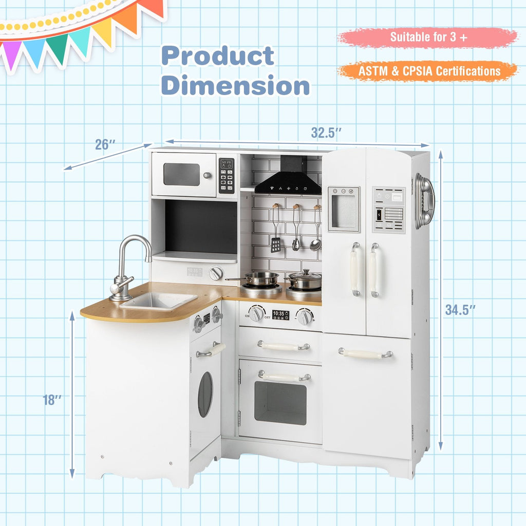 Cocina de juguete blanca para niños con refrigerador lateral, lavadora y utensilios de cocina de acero