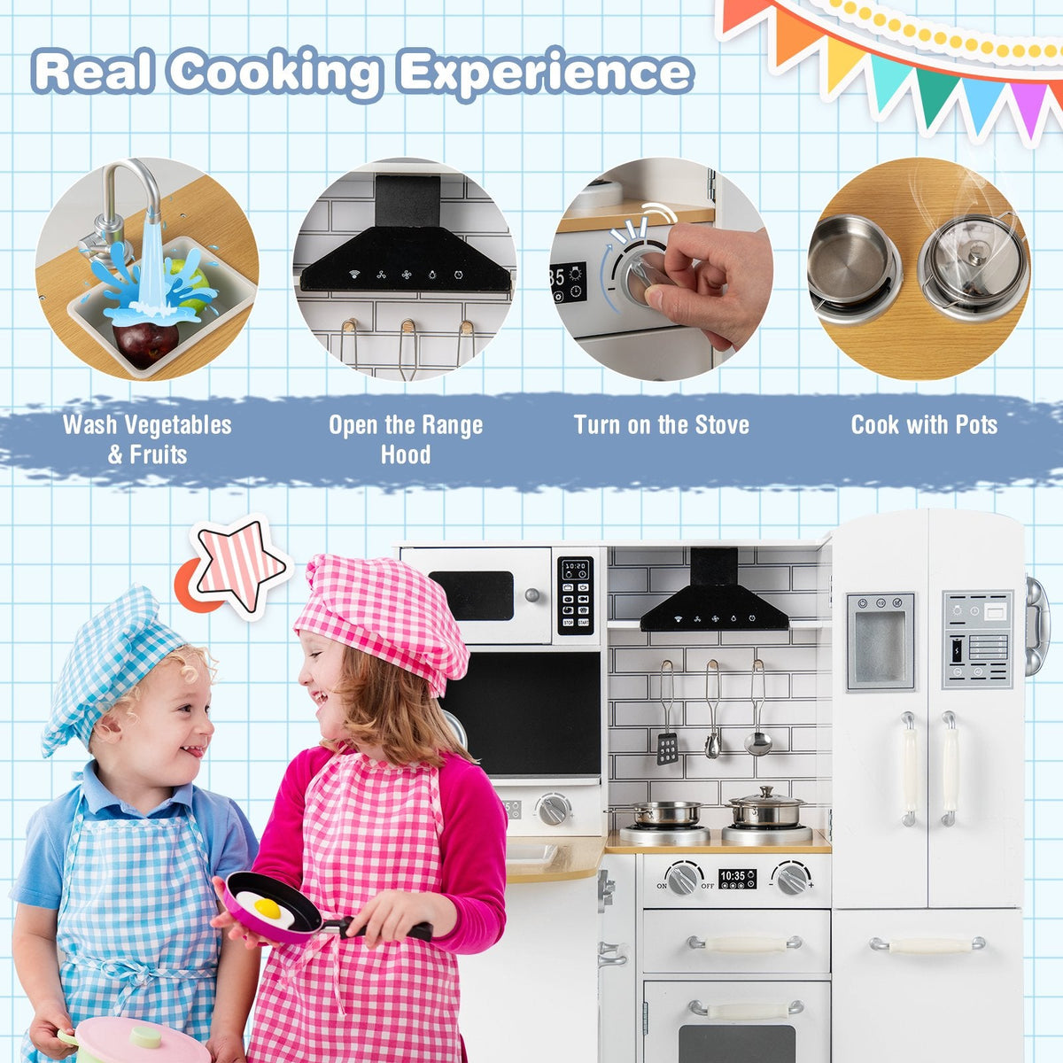Cocina de juguete blanca para niños con refrigerador lateral, lavadora y utensilios de cocina de acero