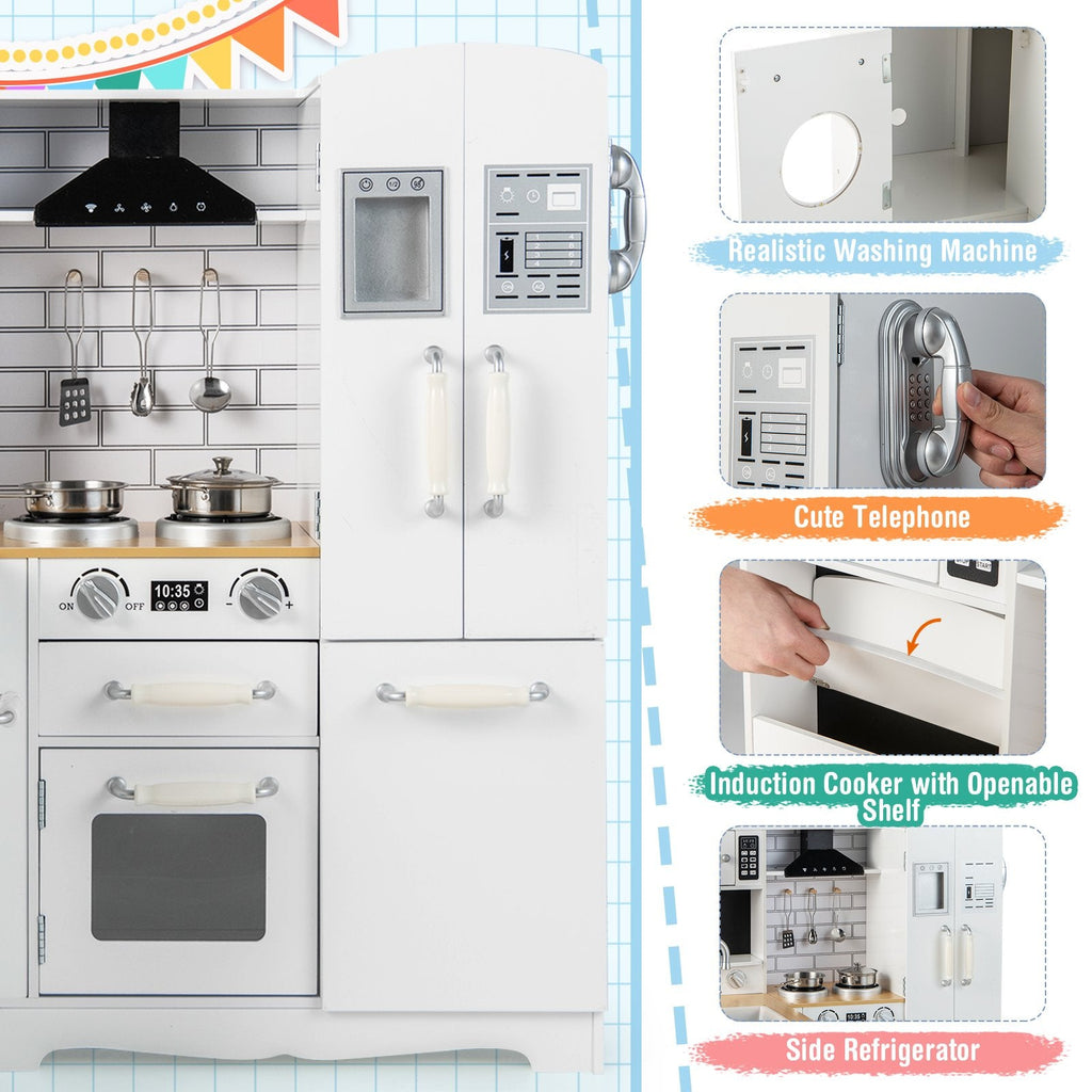 Cocina de juguete blanca para niños con refrigerador lateral, lavadora y utensilios de cocina de acero