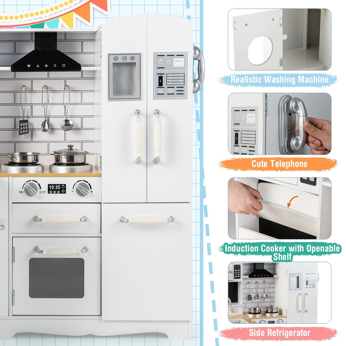 Cocina de juguete blanca para niños con refrigerador lateral, lavadora y utensilios de cocina de acero