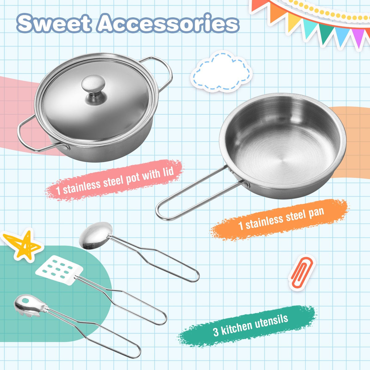 Cocina de juguete blanca para niños con refrigerador lateral, lavadora y utensilios de cocina de acero