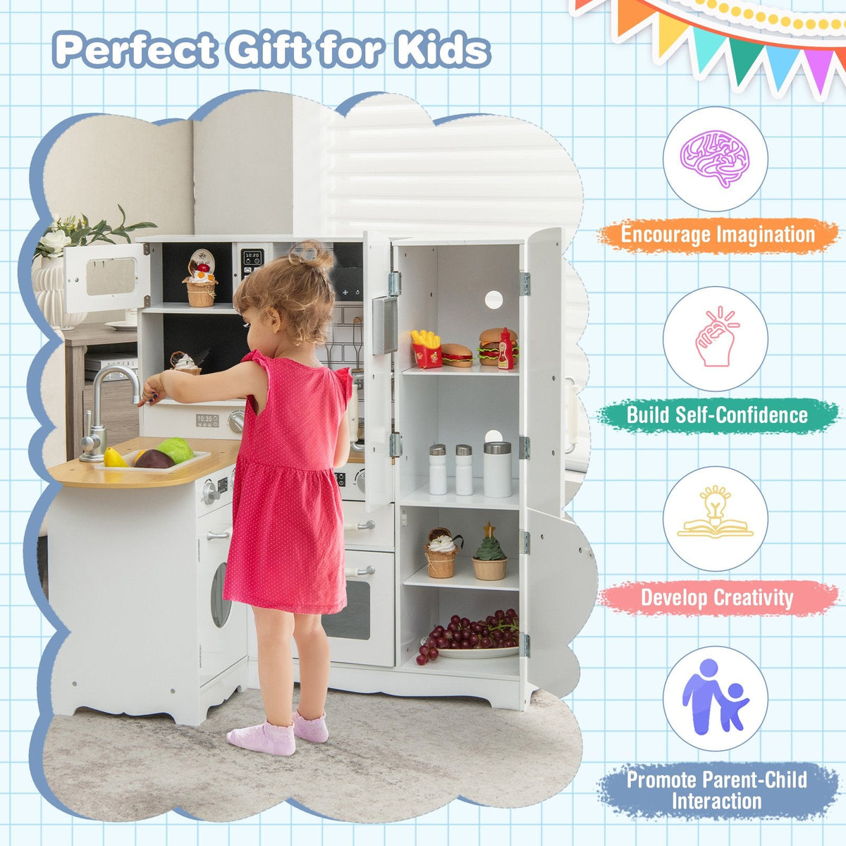 Cocina de juguete blanca para niños con refrigerador lateral, lavadora y utensilios de cocina de acero