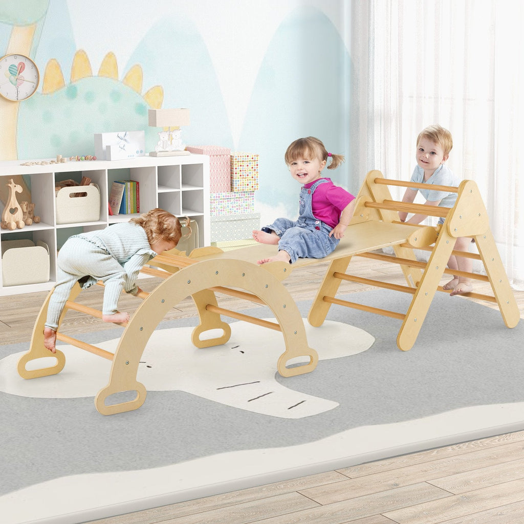 Juguetes de escalada de madera 5 en 1 para niños con arco triangular y rampa-Natural