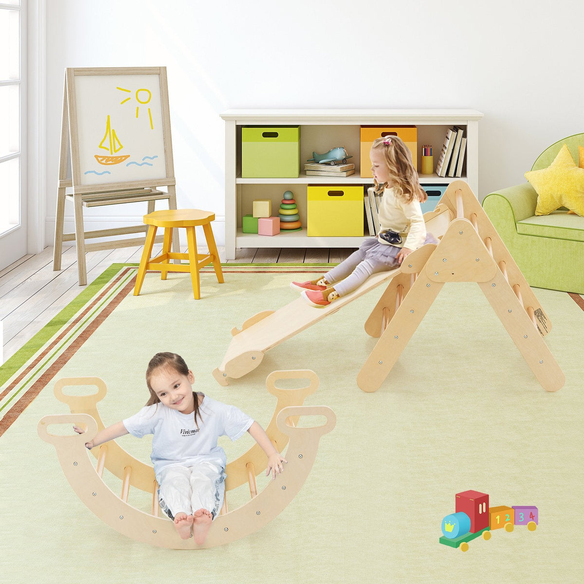 Juguetes de escalada de madera 5 en 1 para niños con arco triangular y rampa-Natural