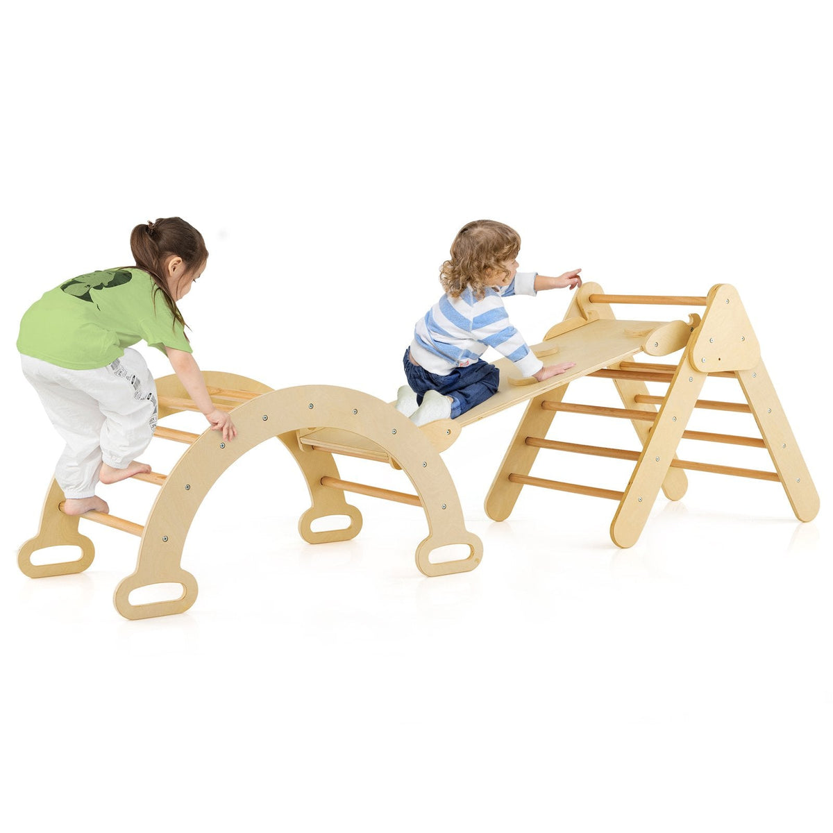 Juguetes de escalada de madera 5 en 1 para niños con arco triangular y rampa-Natural