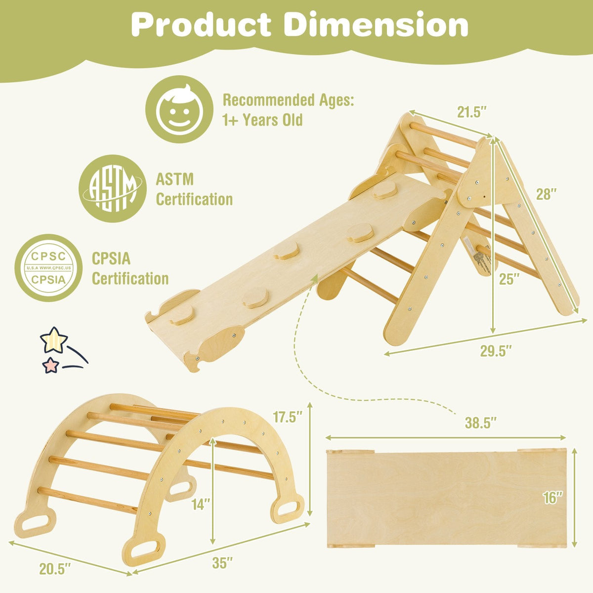 Juguetes de escalada de madera 5 en 1 para niños con arco triangular y rampa-Natural