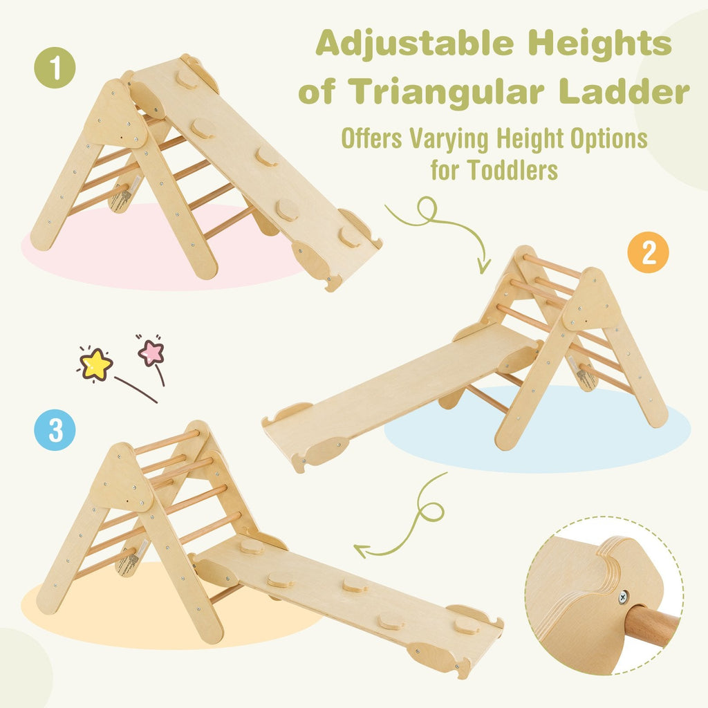 Juguetes de escalada de madera 5 en 1 para niños con arco triangular y rampa-Natural