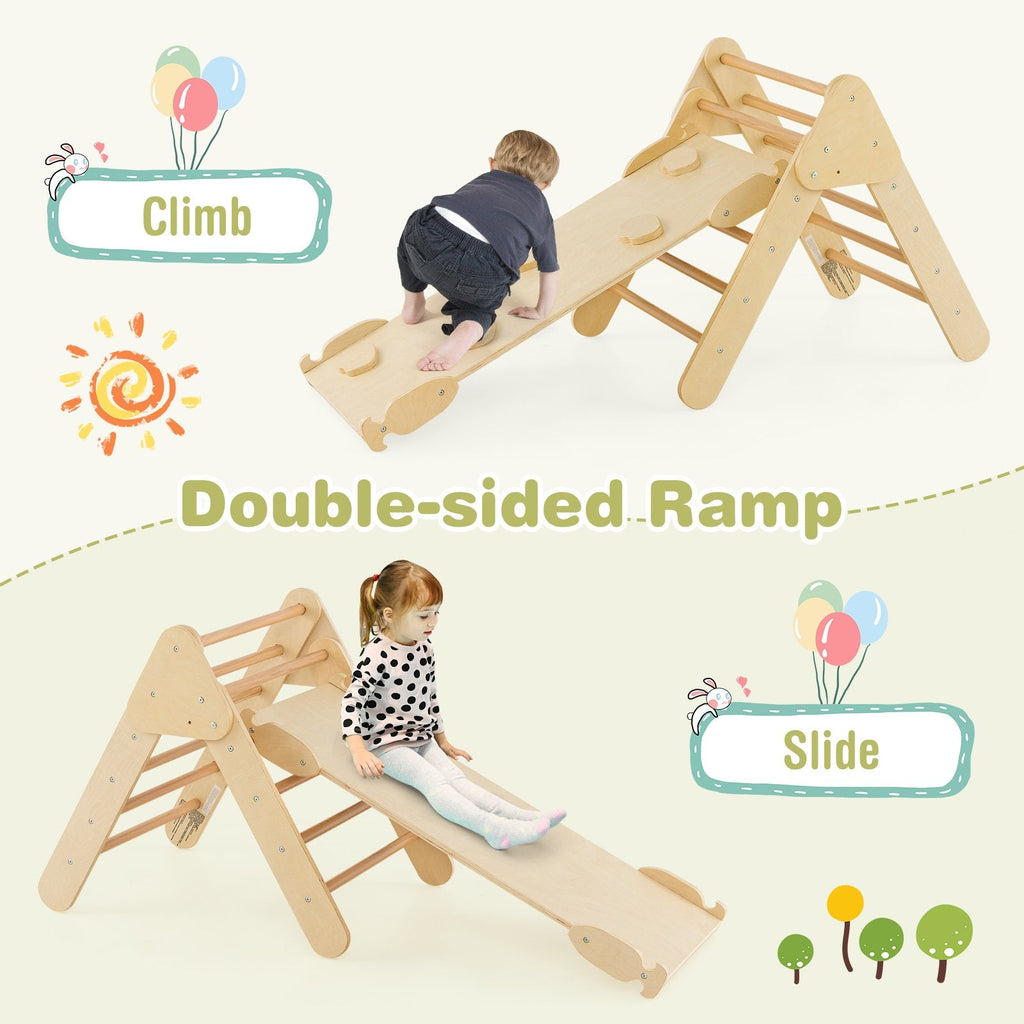 Juguetes de escalada de madera 5 en 1 para niños con arco triangular y rampa-Natural