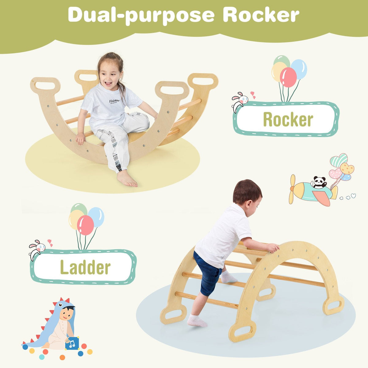 Juguetes de escalada de madera 5 en 1 para niños con arco triangular y rampa-Natural
