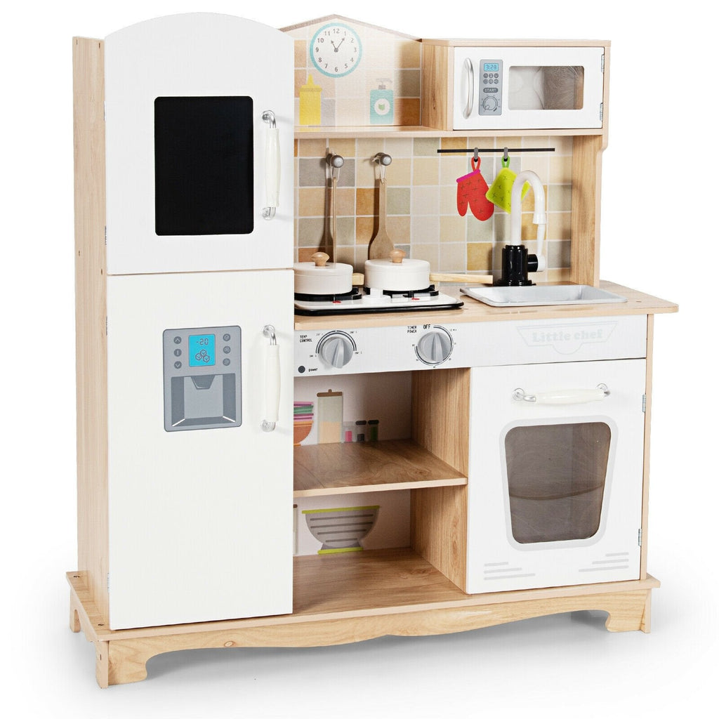 Spielküche aus Naturholz für Kinder mit beleuchtetem Herd, Kühlschrank mit Kreidetafel und Kochutensilien