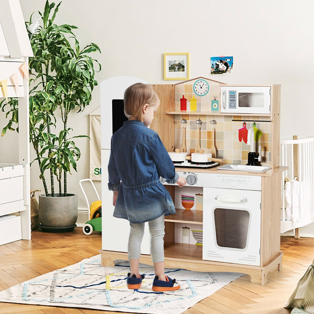 Spielküche aus Naturholz für Kinder mit beleuchtetem Herd, Kühlschrank mit Kreidetafel und Kochutensilien