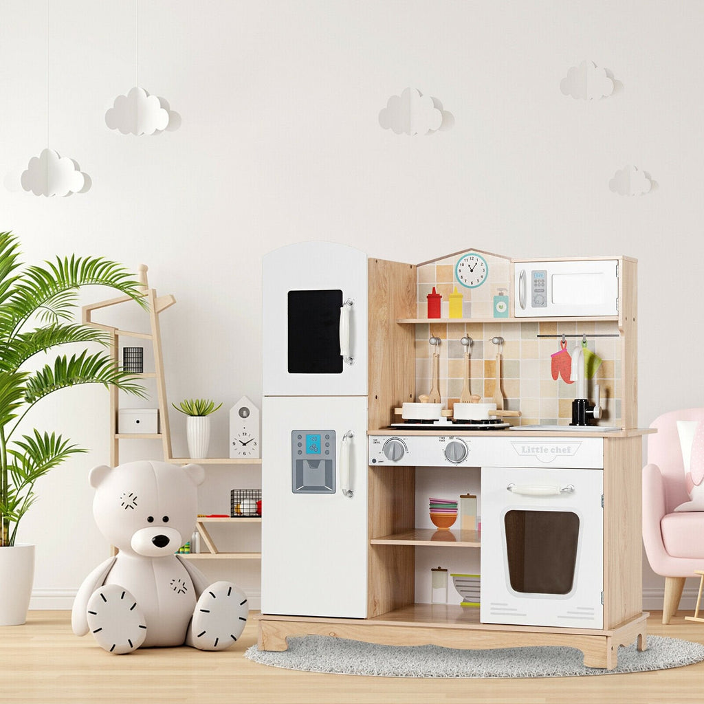 Spielküche aus Naturholz für Kinder mit beleuchtetem Herd, Kühlschrank mit Kreidetafel und Kochutensilien