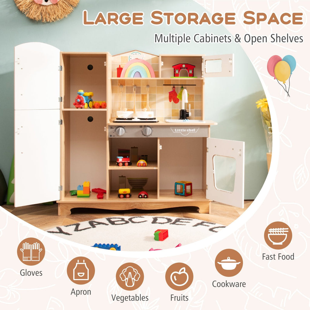 Spielküche aus Naturholz für Kinder mit beleuchtetem Herd, Kühlschrank mit Kreidetafel und Kochutensilien