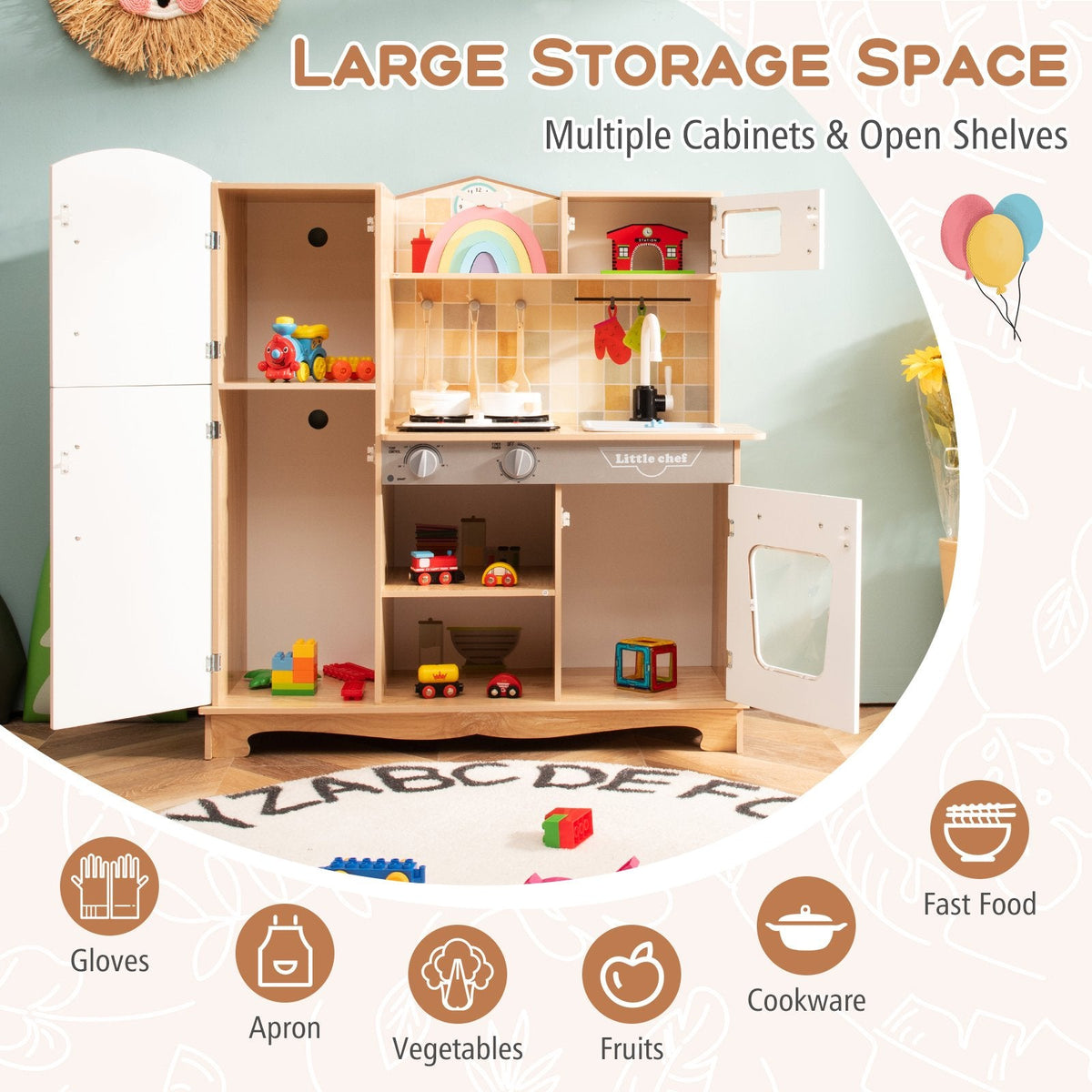 Spielküche aus Naturholz für Kinder mit beleuchtetem Herd, Kühlschrank mit Kreidetafel und Kochutensilien
