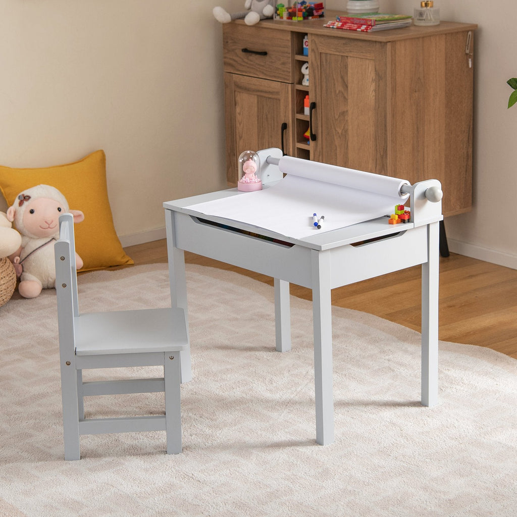 Kinder-Tisch- und Stuhlset aus Holz mit Stauraum und Papierrollenhalter – Grau