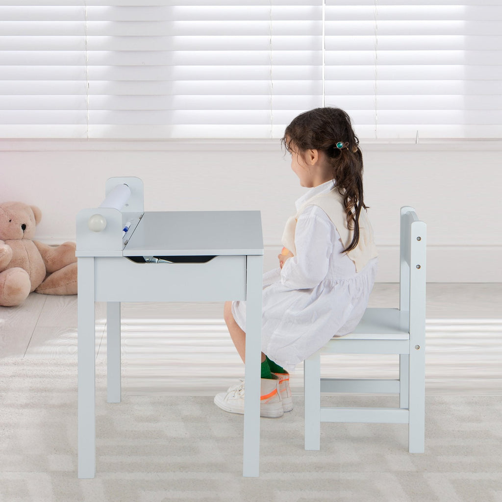 Kinder-Tisch- und Stuhlset aus Holz mit Stauraum und Papierrollenhalter – Grau
