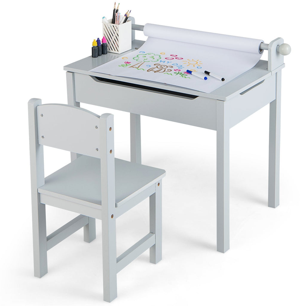 Kinder-Tisch- und Stuhlset aus Holz mit Stauraum und Papierrollenhalter – Grau