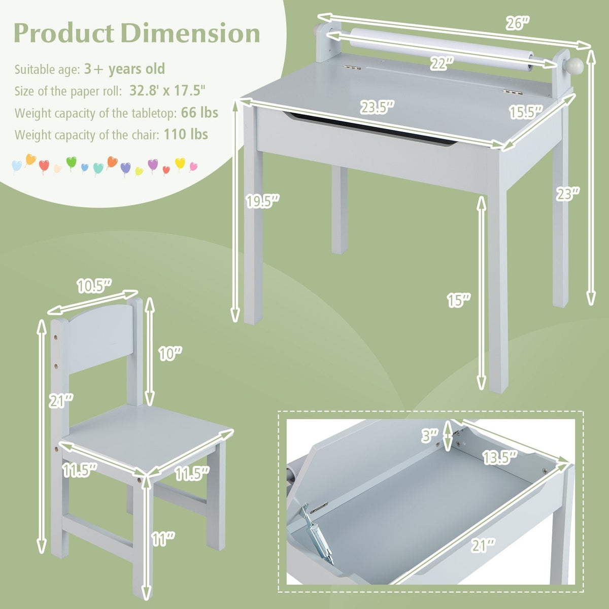 Kinder-Tisch- und Stuhlset aus Holz mit Stauraum und Papierrollenhalter – Grau