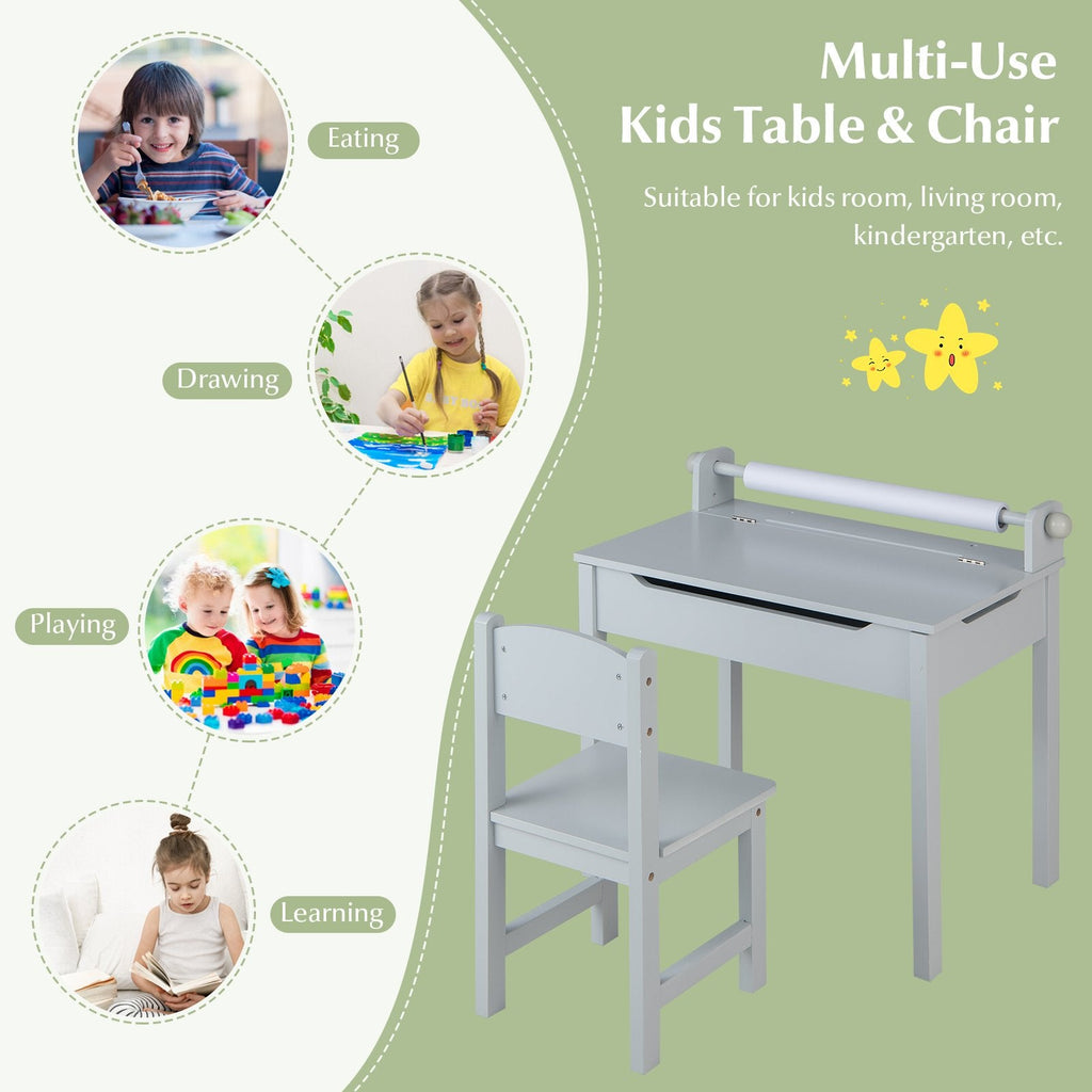 Kinder-Tisch- und Stuhlset aus Holz mit Stauraum und Papierrollenhalter – Grau