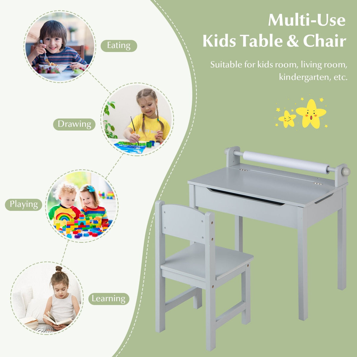 Kinder-Tisch- und Stuhlset aus Holz mit Stauraum und Papierrollenhalter – Grau