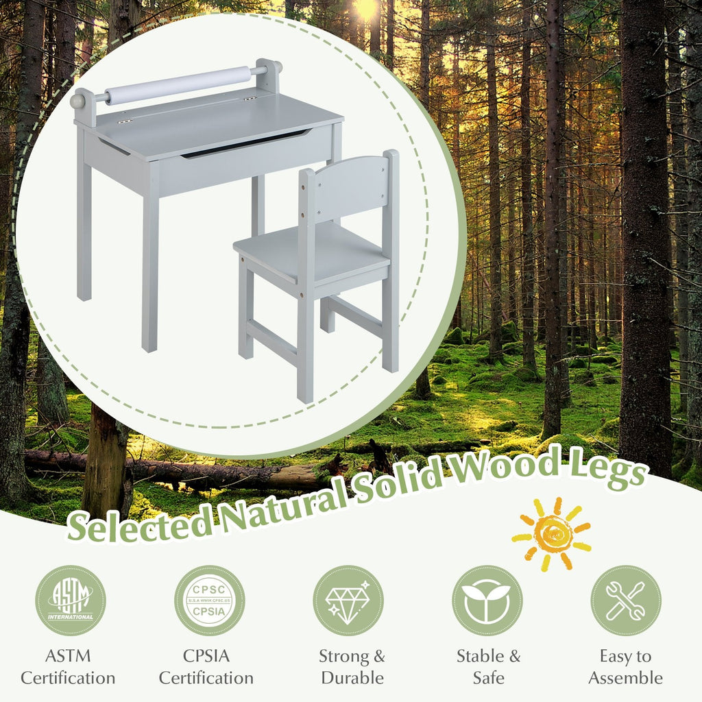 Kinder-Tisch- und Stuhlset aus Holz mit Stauraum und Papierrollenhalter – Grau