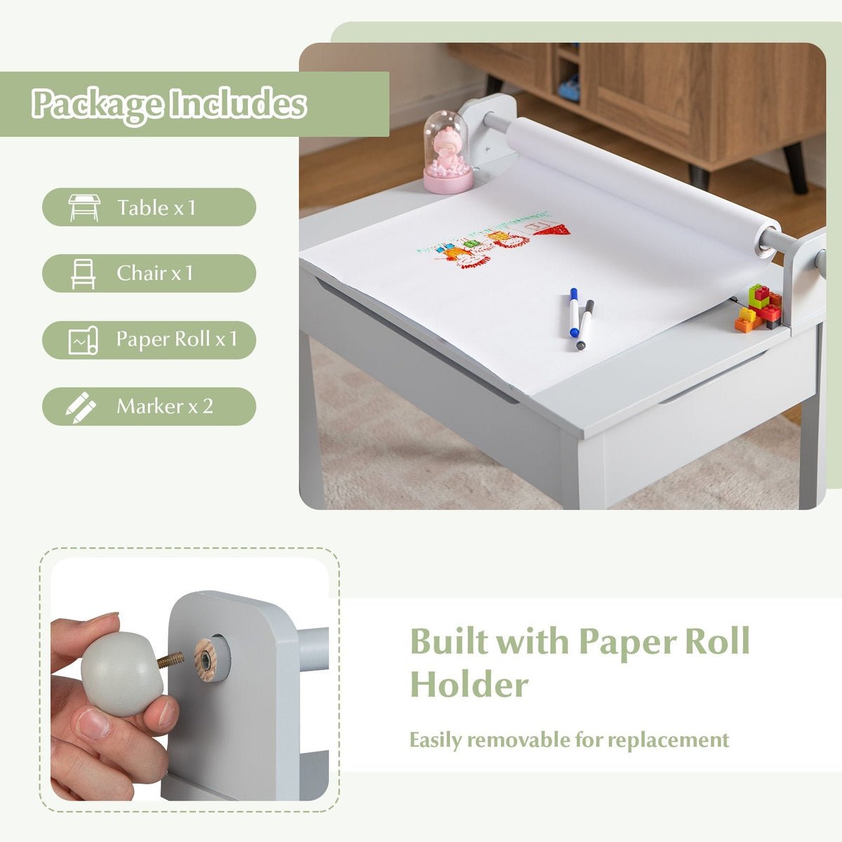 Kinder-Tisch- und Stuhlset aus Holz mit Stauraum und Papierrollenhalter – Grau