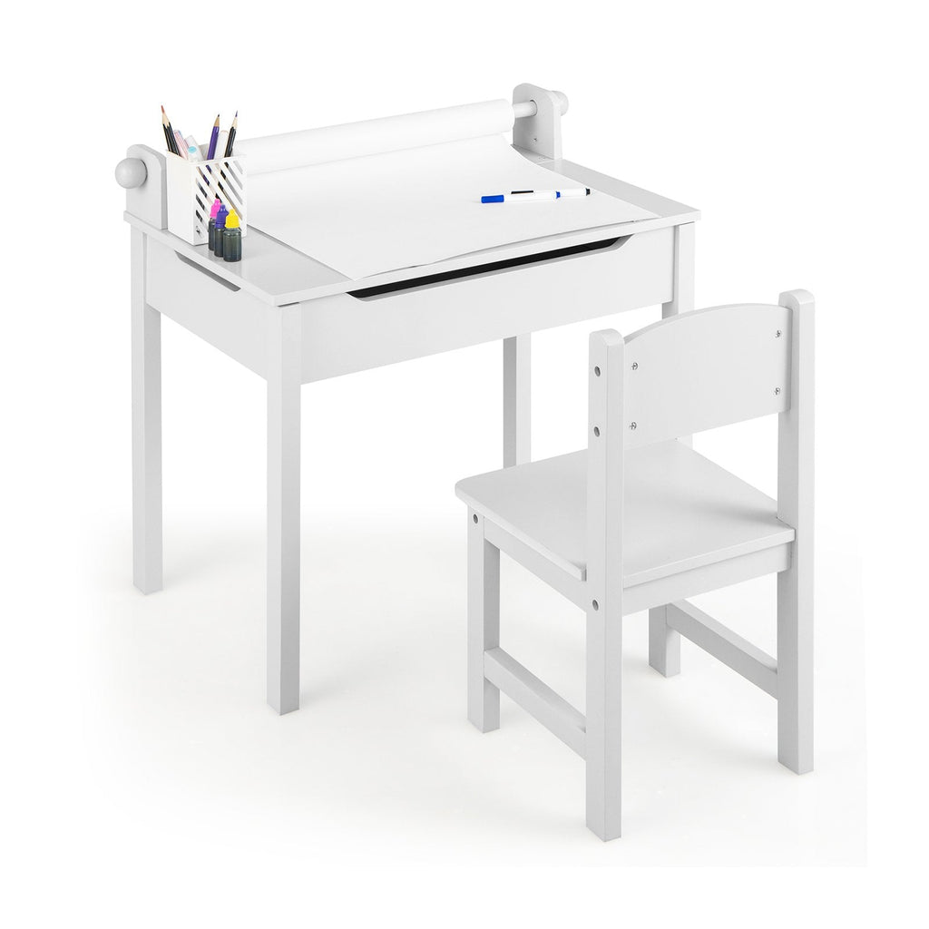 Ensemble table et chaises pour enfants en bois avec rangement et porte-rouleau de papier - Blanc