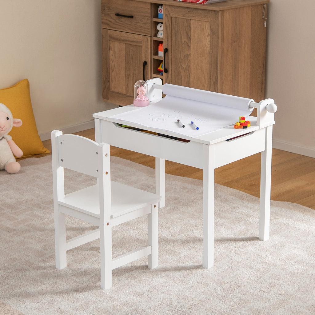 Ensemble table et chaises pour enfants en bois avec rangement et porte-rouleau de papier - Blanc