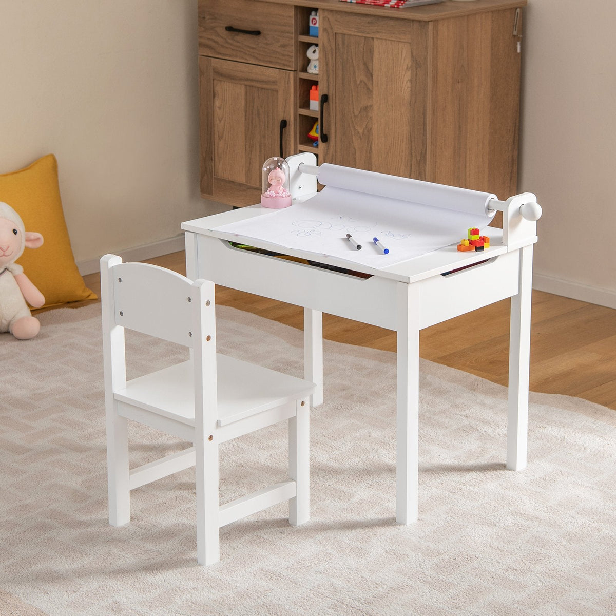 Ensemble table et chaises pour enfants en bois avec rangement et porte-rouleau de papier - Blanc