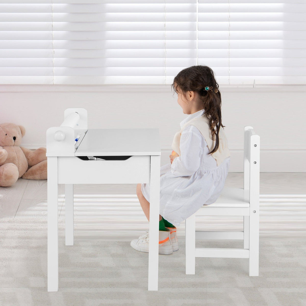 Ensemble table et chaises pour enfants en bois avec rangement et porte-rouleau de papier - Blanc