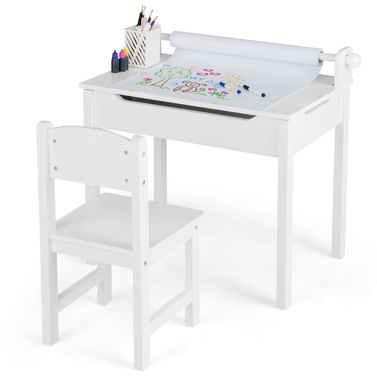 Ensemble table et chaises pour enfants en bois avec rangement et porte-rouleau de papier - Blanc