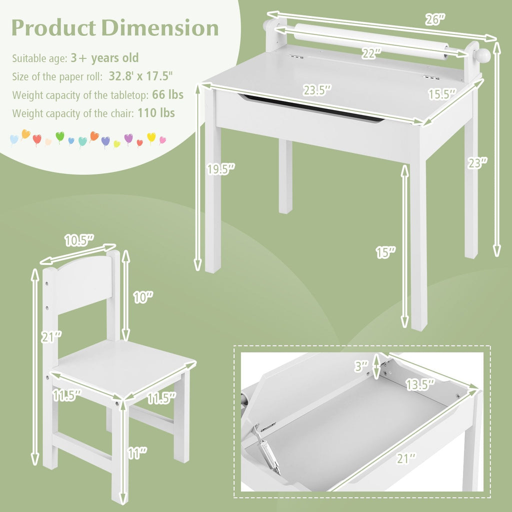 Ensemble table et chaises pour enfants en bois avec rangement et porte-rouleau de papier - Blanc