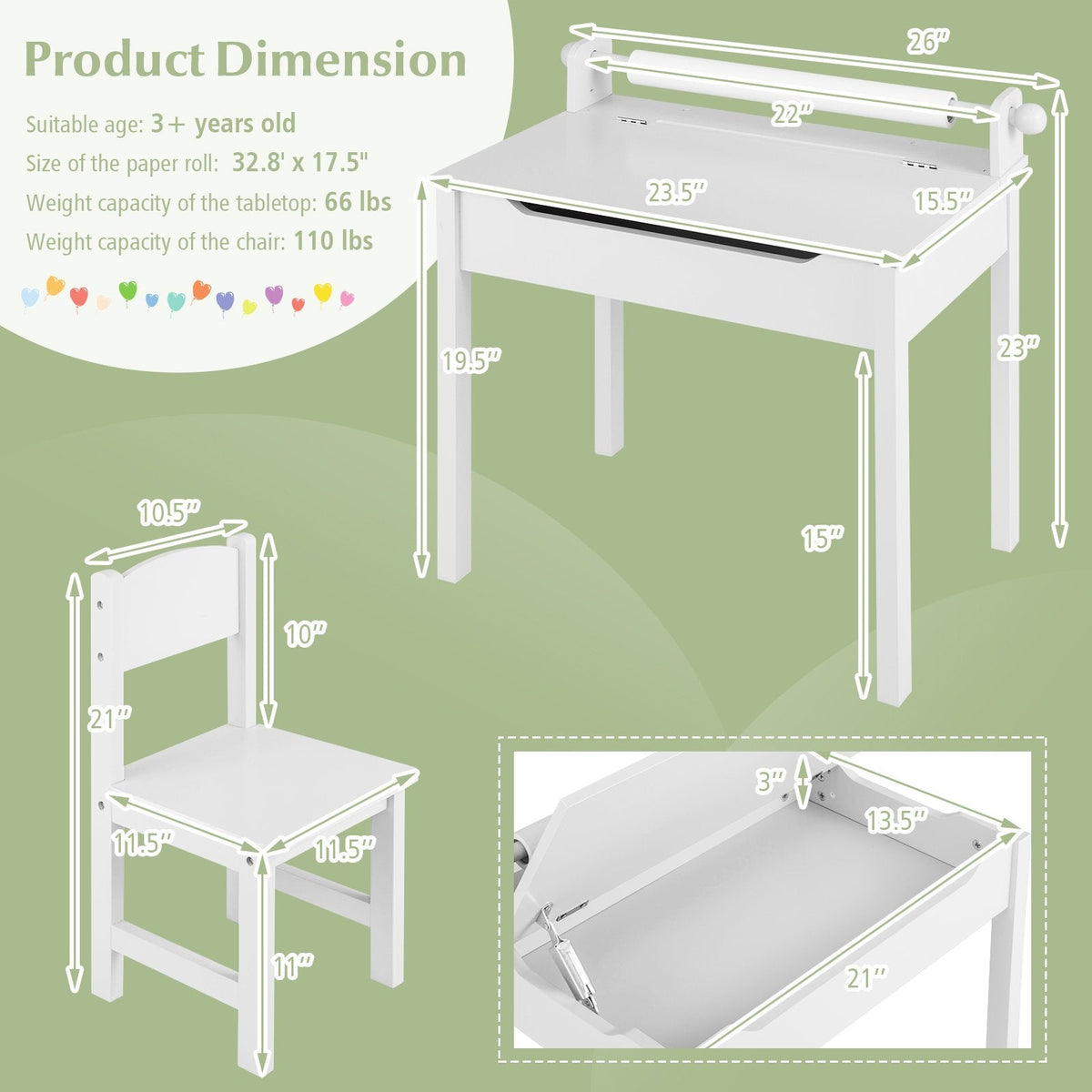 Ensemble table et chaises pour enfants en bois avec rangement et porte-rouleau de papier - Blanc