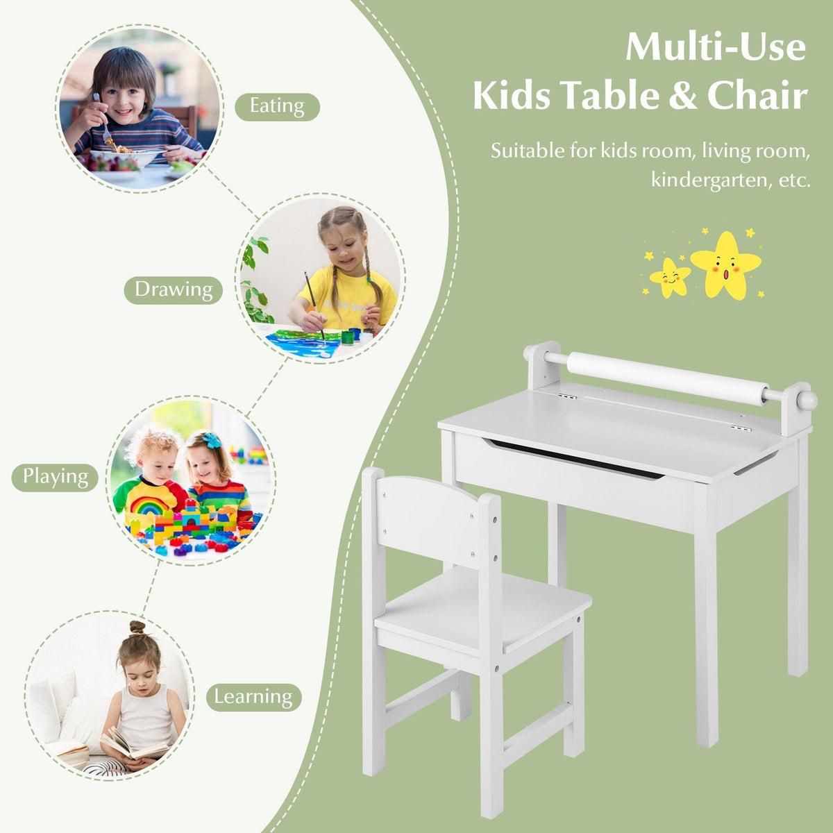 Ensemble table et chaises pour enfants en bois avec rangement et porte-rouleau de papier - Blanc
