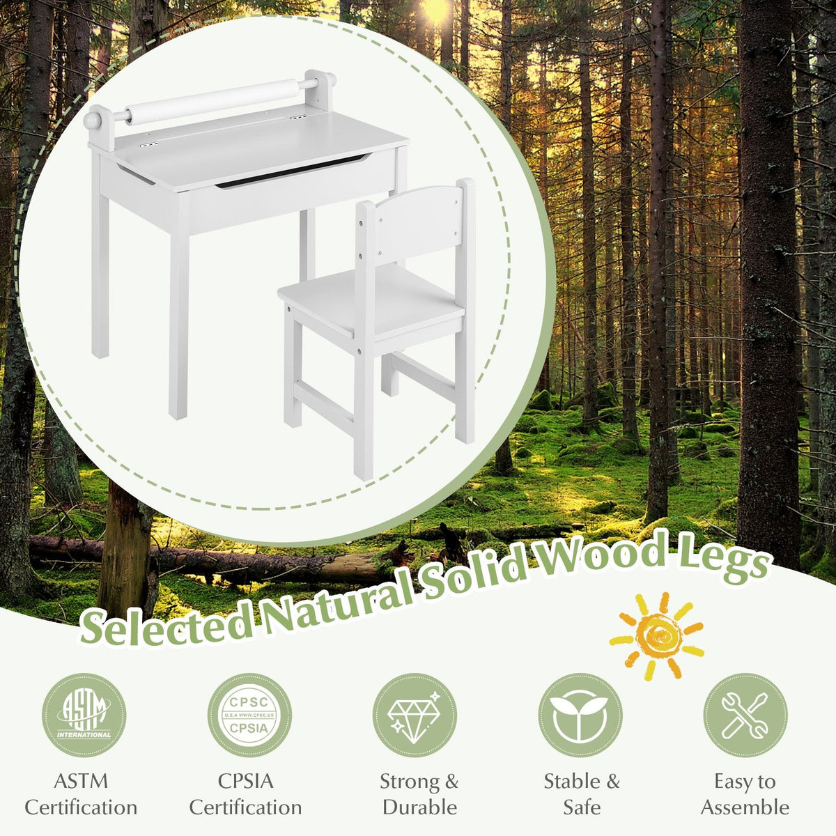 Ensemble table et chaises pour enfants en bois avec rangement et porte-rouleau de papier - Blanc