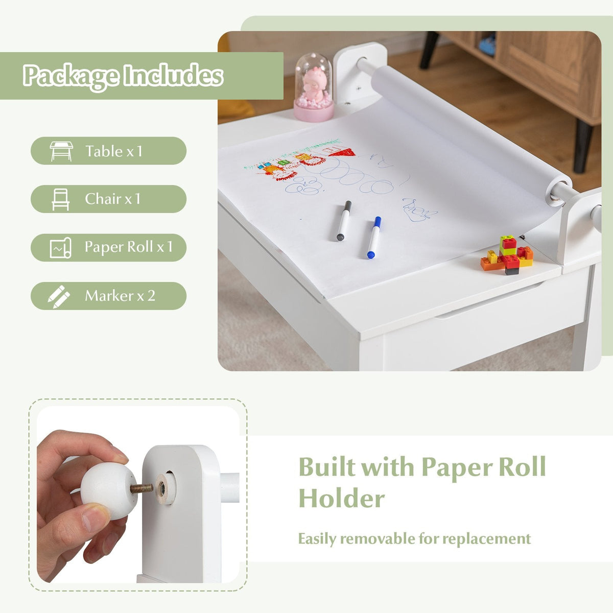 Ensemble table et chaises pour enfants en bois avec rangement et porte-rouleau de papier - Blanc